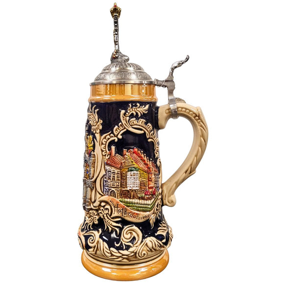 Zoeller & Born Munich Glockenspiel beer stein featuring the Hofbräuhaus in detailed raised relief with a decorative pewter lid.