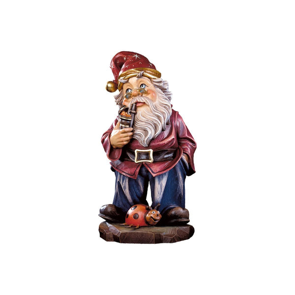 Hand-carved Boss Gnome figurine with pipe and ladybug, crafted by DEUR in South Tyrol
