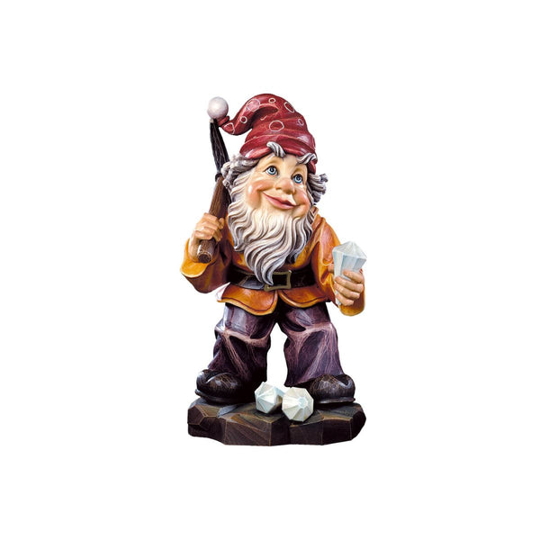 Hand-carved wooden Diamond Digger Gnome figurine holding a pickaxe and gemstone, made in South Tyrol by DEUR