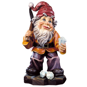 Hand-carved wooden Diamond Digger Gnome figurine holding a pickaxe and gemstone, made in South Tyrol by DEUR