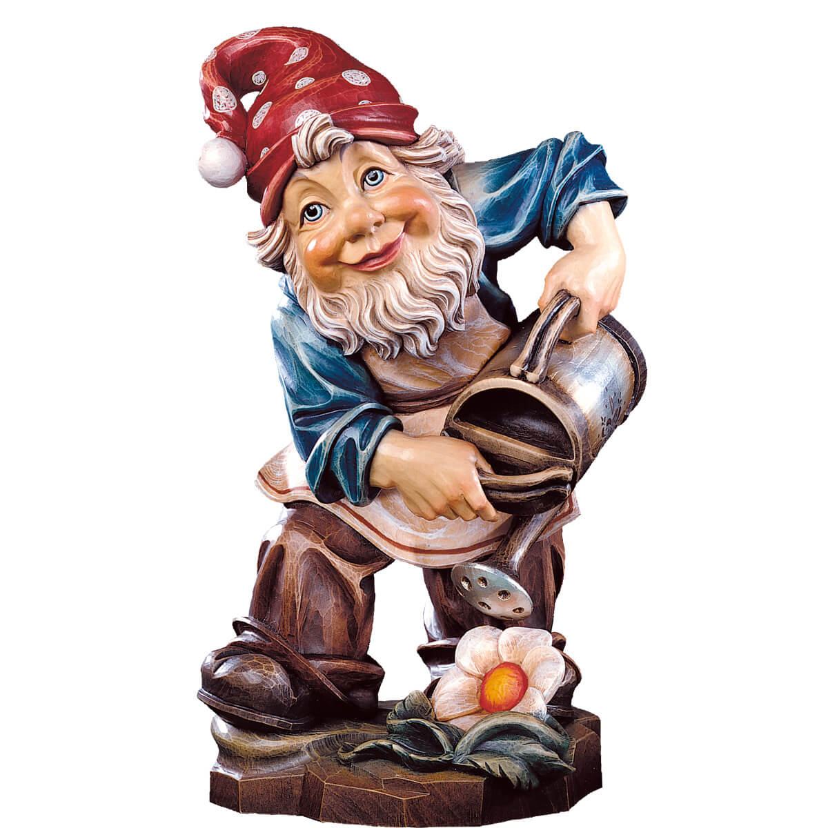 Hand-carved Gardening Gnome by DEUR with watering can and flower, red hat, made in South Tyrol.