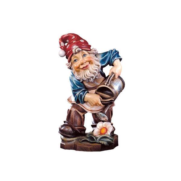 Hand-carved Gardening Gnome by DEUR with watering can and flower, red hat, made in South Tyrol.