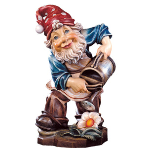 Hand-carved Gardening Gnome by DEUR with watering can and flower, red hat, made in South Tyrol.