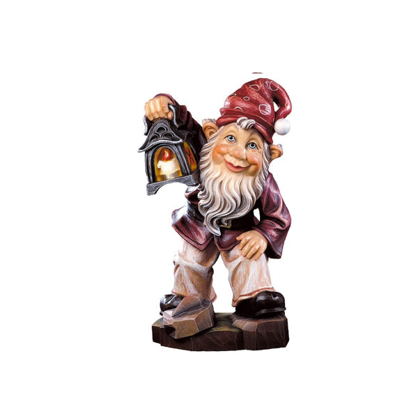 Hand-carved wooden Guardian Gnome figurine holding a lantern, crafted in South Tyrol by DEUR