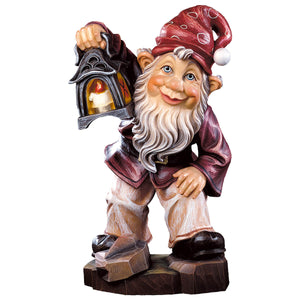 Hand-carved wooden Guardian Gnome figurine holding a lantern, crafted in South Tyrol by DEUR