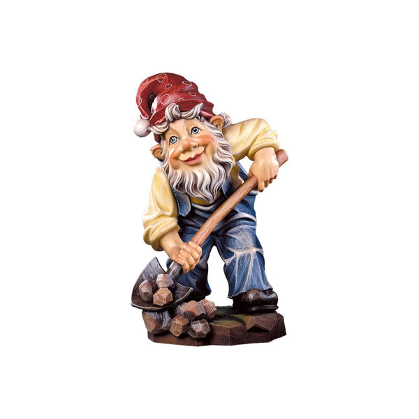 Hand-carved wooden Miner Gnome figurine holding a pickaxe, made in South Tyrol by DEUR