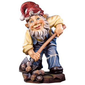 Hand-carved wooden Miner Gnome figurine holding a pickaxe, made in South Tyrol by DEUR