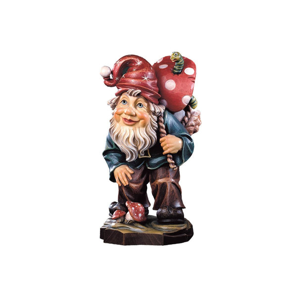 Hand-carved Mushroom Forager Gnome by DEUR carrying a toadstool with a green worm, made in South Tyrol.
