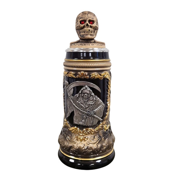 Grim Reaper Beer Stein by Zoeller & Born with sculpted skull lid, glowing red eyes, and detailed gothic relief artwork handcrafted in Germany