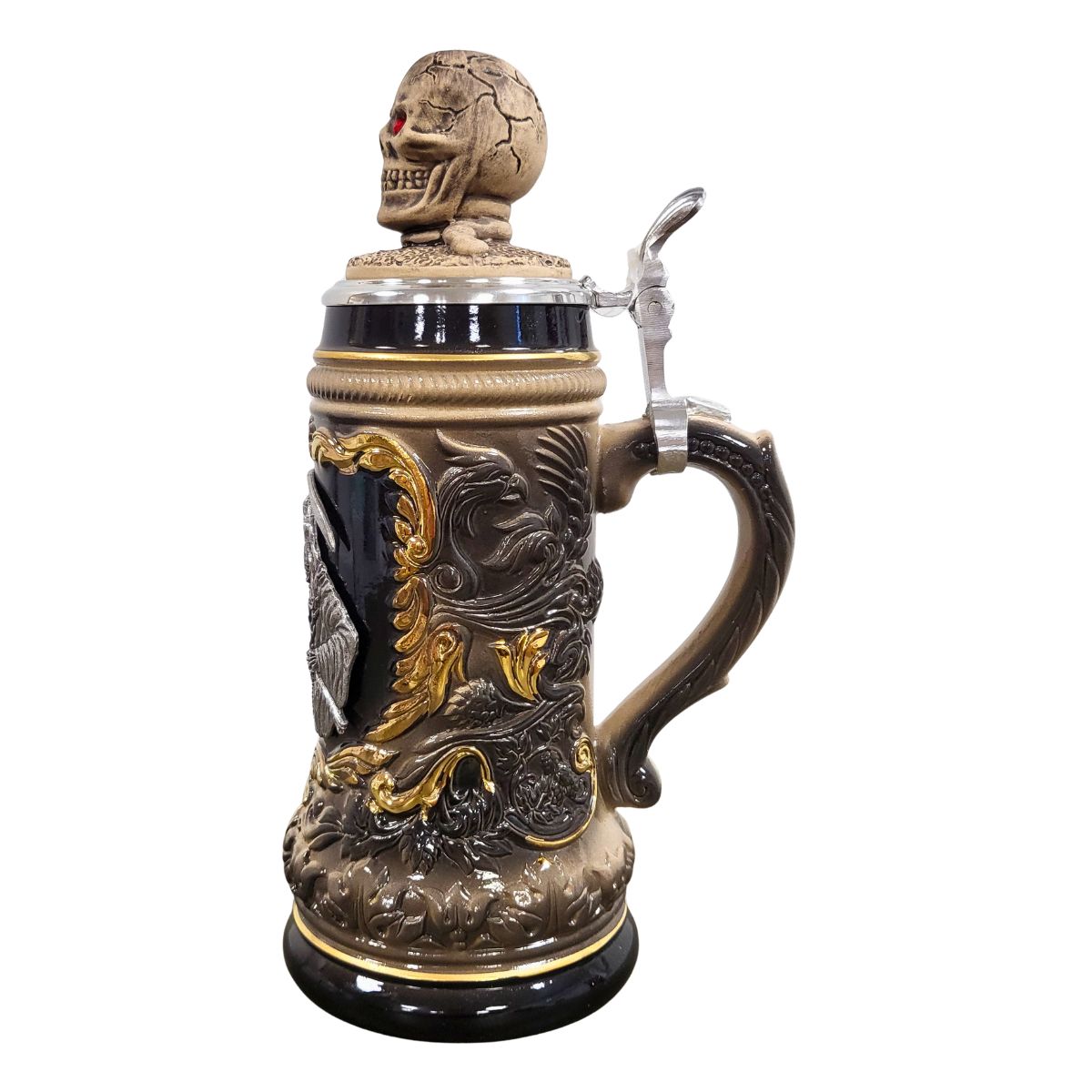 Grim Reaper Beer Stein with skull lid, red eyes, decorative gothic relief details, and handcrafted German craftsmanship by Zoeller & Born