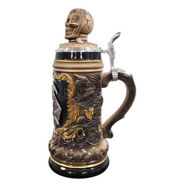 Grim Reaper Beer Stein with skull lid, red eyes, decorative gothic relief details, and handcrafted German craftsmanship by Zoeller & Born