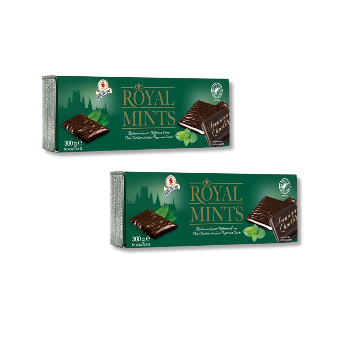 Two boxes of Halloren Royal Mints peppermint chocolates