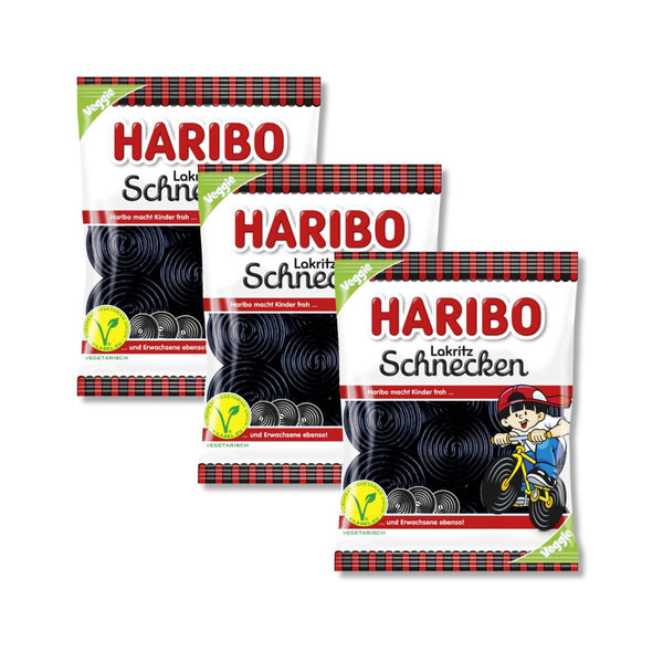 Three bags of Haribo Lakritz Schnecken German black licorice wheel candy