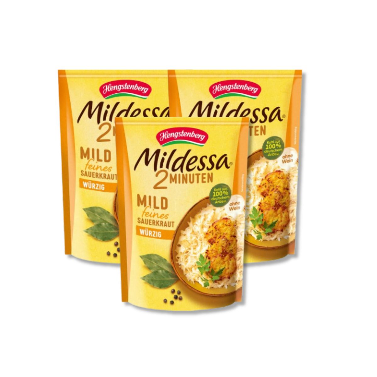 Three pouches of Hengstenberg Mildessa German sauerkraut