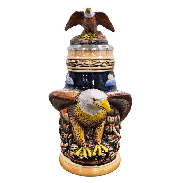 Zoeller & Born Bald Eagle Beer Stein with sculpted eagle lid and detailed relief artwork, handcrafted in Germany