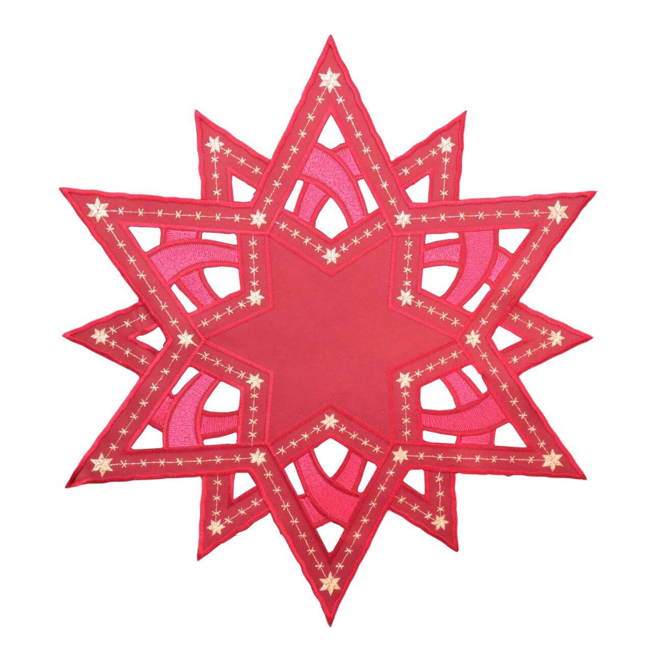 Decorative red star doily with golden accents and cutout designs, perfect for candleholders or holiday decor, size 15.7 inches (40 cm), made in Germany.