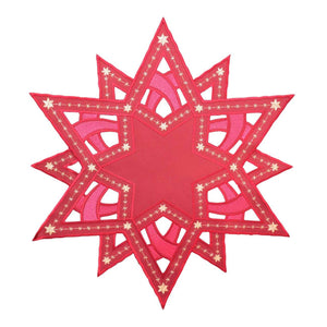 Decorative red star doily with golden accents and cutout designs, perfect for candleholders or holiday decor, size 15.7 inches (40 cm), made in Germany.