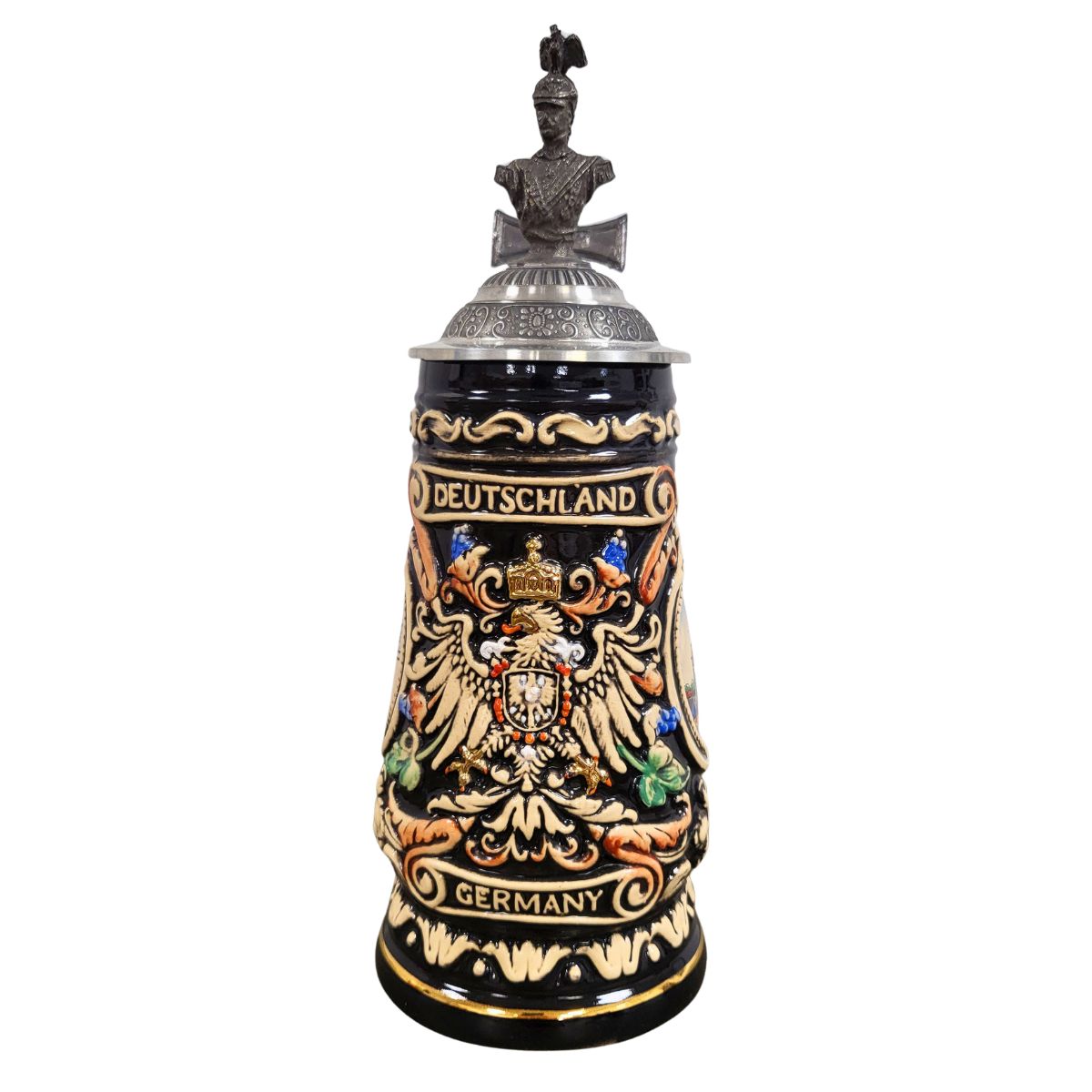 old German / Prussian Eagle is represented in great detailed relief on the Beer Stein. Above is the word 