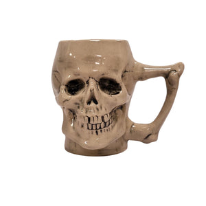 White and gray ceramic skull beer stein with antique-style underglaze, replica of 1870 mold by KING, made in Germany.