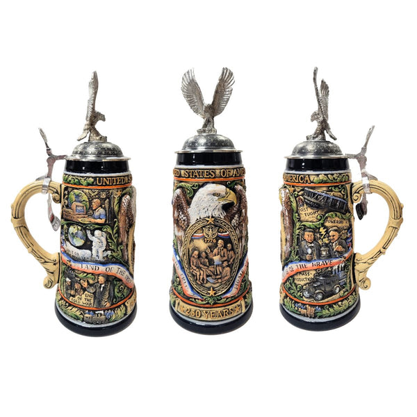 250th USA Anniversary Beer Stein with flying eagle pewter lid, limited edition 1.2L handcrafted in Germany by KING Werk, celebrating 1776–2026