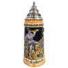 German Fireman Beer Stein by KING featuring firefighter trumpeter, fire scene, traditional firefighting motifs, and pewter lid