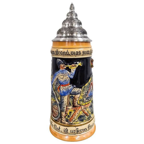 German Fireman Beer Stein by KING featuring firefighter trumpeter, fire scene, traditional firefighting motifs, and pewter lid