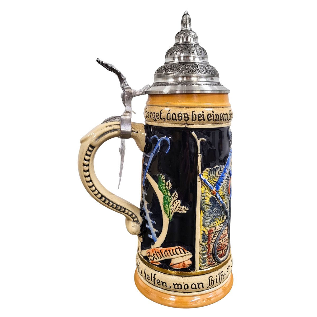 Side view of KING Fireman Beer Stein featuring firefighter equipment, ladder, axe, hose, and traditional German firefighter motto