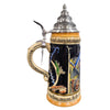 Side view of KING Fireman Beer Stein featuring firefighter equipment, ladder, axe, hose, and traditional German firefighter motto