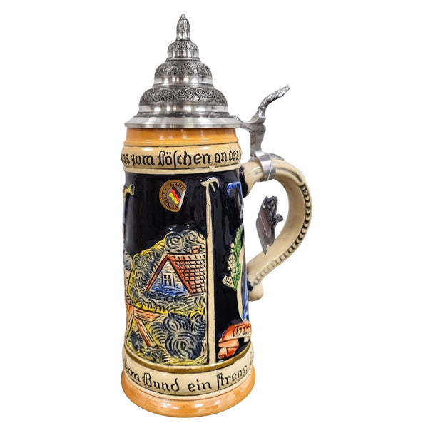 Fireman Beer Stein by KING Werk featuring historic firefighting scene with burning house, ladder, hose, traditional German firefighter motto, and pewter lid