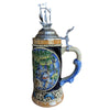 Side of vintage-style beer stein featuring an old-world map adorned with the iconic ships of explorers from bygone eras. The lower rim showcases intricate symbols representing the four elements: Fire, Earth, Wind, and Water. The pewter lid is adorned with a globe and a majestic sailing ship, adding a touch of historical charm to the ornate design.
