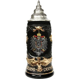 KING Beer Stein with German Eagle made of pewter (decorated with red and gold) underneath is a second eagle, painted in real gold, along with the words " Deutschland" and Germany next to it. The lid is made out of pewter and nicely decorated.