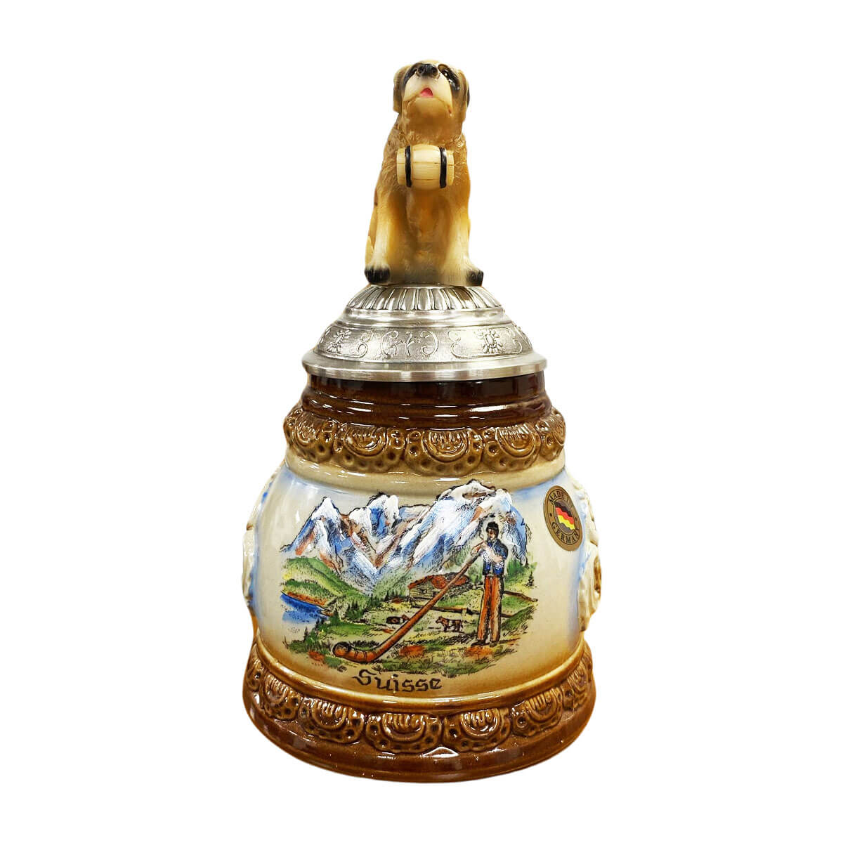 Beer stein featuring an alphorn player in front of the Swiss Alps, with a St. Bernard figurine on the pewter lid and Edelweiss accents