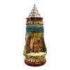 King Beer Stein with a cozy brown bear who stands in a grotto on a stone and observes its environment. The brown and green tones of the Mug underline the nature scenes.