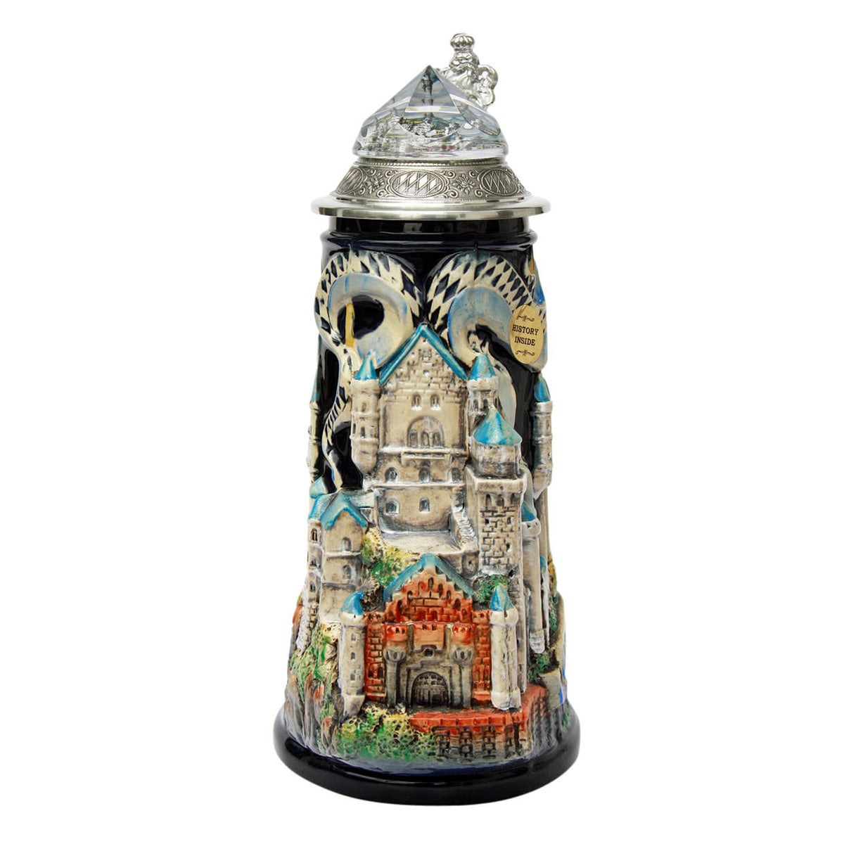 Neuschwanstein Castle Beer Stein by KING Werk, handcrafted 0.7L ceramic stein with crystal lid, Bavarian pennants, and detailed castle panorama relief.