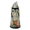 Neuschwanstein Castle Beer Stein by KING Werk, handcrafted 0.7L ceramic stein with crystal lid, Bavarian pennants, and detailed castle panorama relief.
