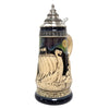 German beer stein with Viking ship, Norse warriors, runestone, village, and Northern Lights in blue and green colors, 0.5L.
