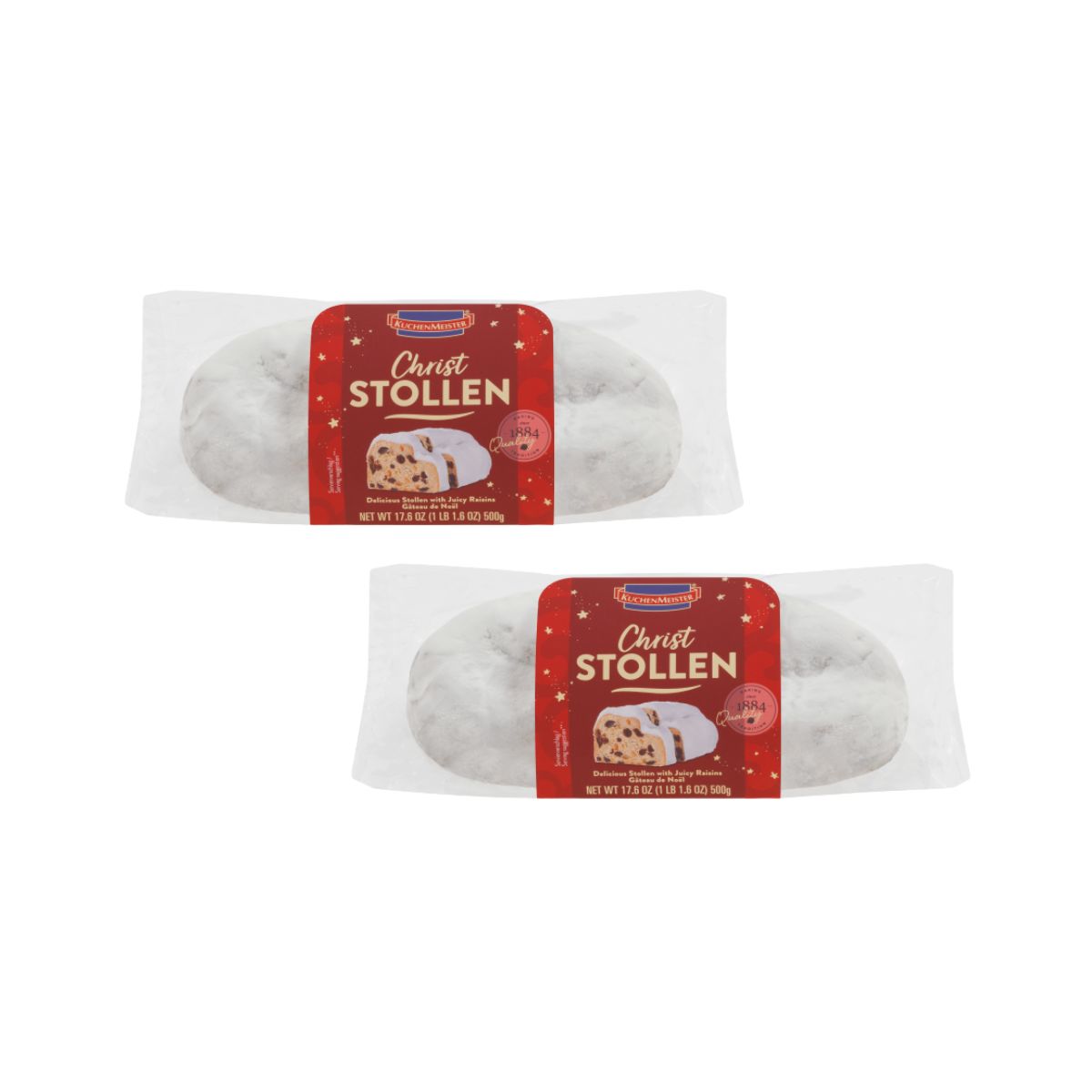 Two KuchenMeister Christ Stollen with raisins, 17.6 oz each