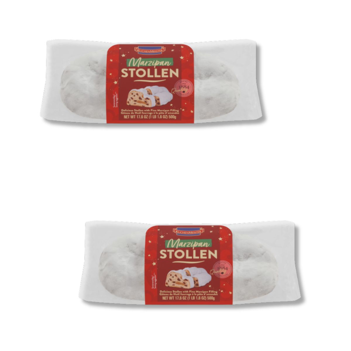 Two packages of Marzipan Stollen shown on a plain white background, stacked vertically. 