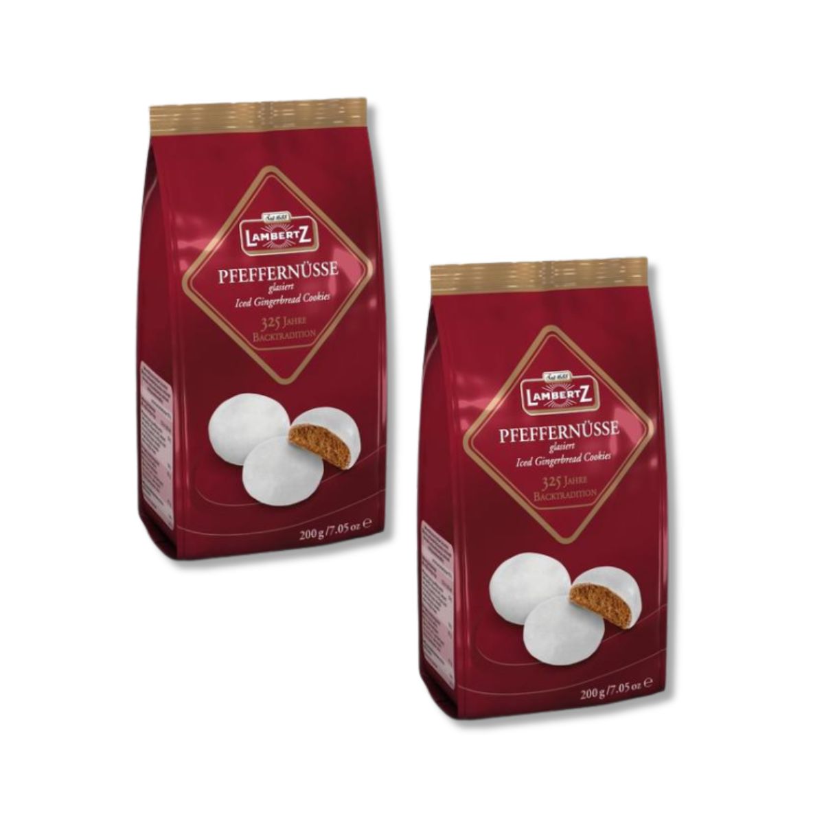 Two red bags of Lambertz Peffernüsse (gingerbread cookies) on a plain white background.