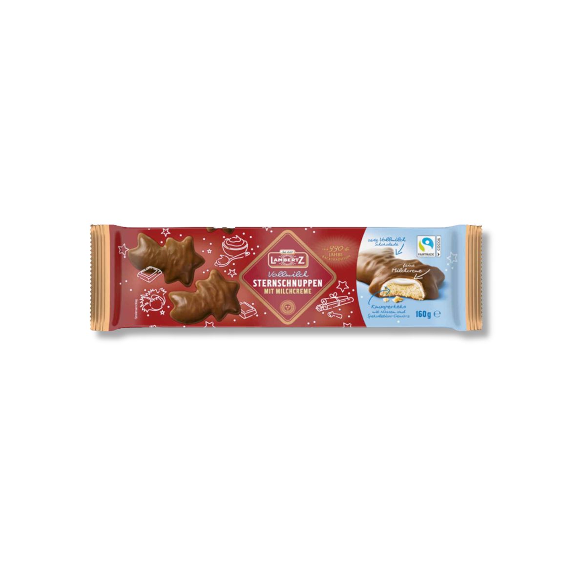 Lambertz Sternschnuppen German chocolate-covered shooting star cookies in a red 5.64 oz package.