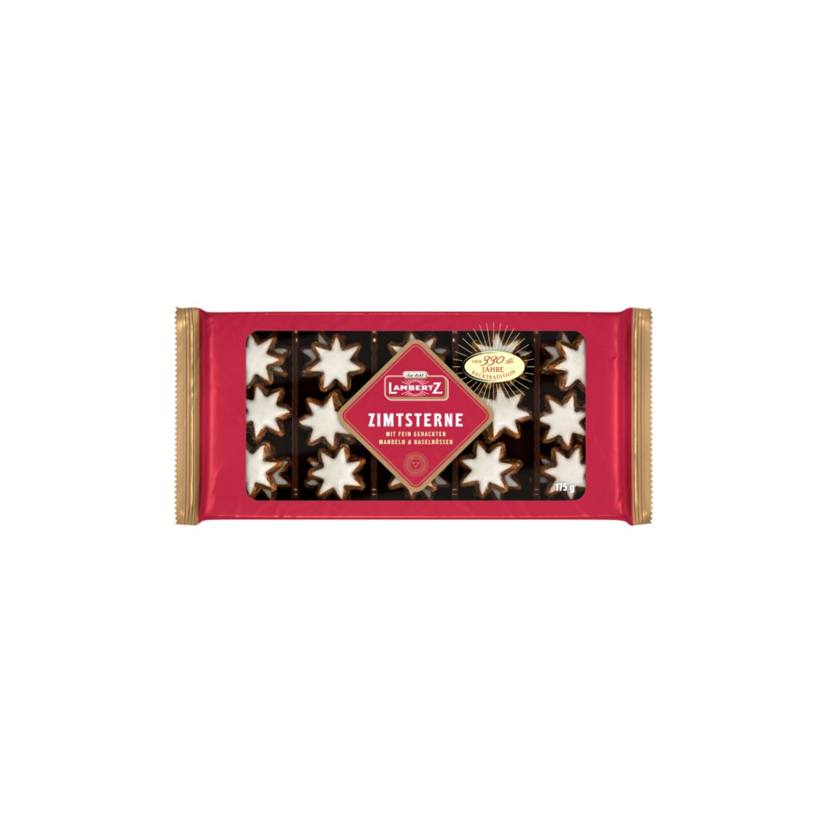 Lambertz Zimtsterne German cinnamon star cookies with white sugar icing in a red 6.1 oz package.