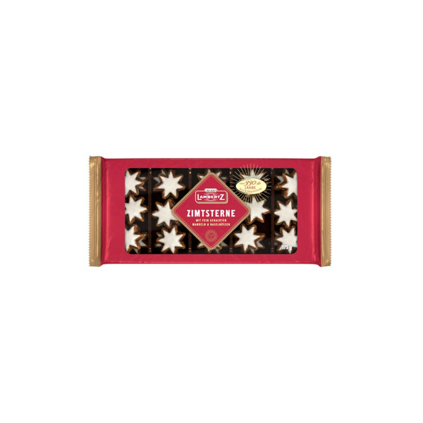 Lambertz Zimtsterne German cinnamon star cookies with white sugar icing in a red 6.1 oz package.