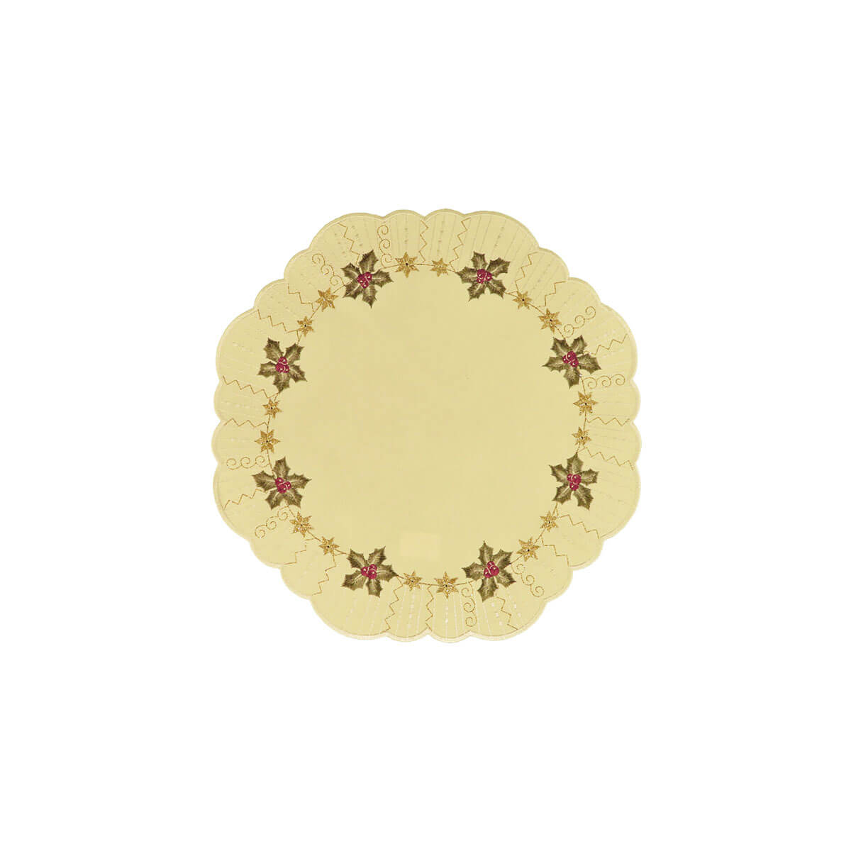 Round champagne color table linen with scalloped edges, and a border design of holly and leaves with Christmas stars alternating between them.