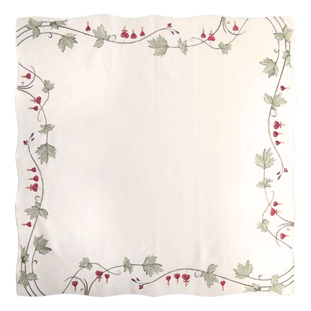 White square linen tablecloth with embroidered bleeding hearts and green vine border, scalloped edges, German made