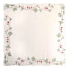 White square linen tablecloth with embroidered bleeding hearts and green vine border, scalloped edges, German made
