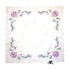 White linen tablecloth with ombre purple ornaments, pine branches, golden stars, and cutout bows. 35.4x35.4 inches (90x90 cm), made in Germany.