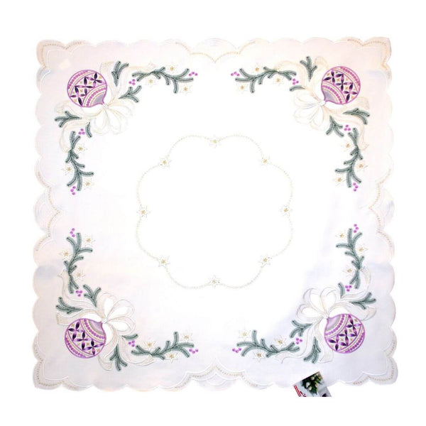 White linen tablecloth with ombre purple ornaments, pine branches, golden stars, and cutout bows. 35.4x35.4 inches (90x90 cm), made in Germany.