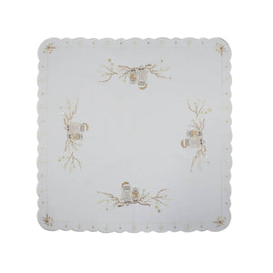 Champagne-colored square tablecloth with four pairs of embroidered owls, white flowers, and golden stars, 33.5x33.5 inches (85x85 cm), made in Germany.