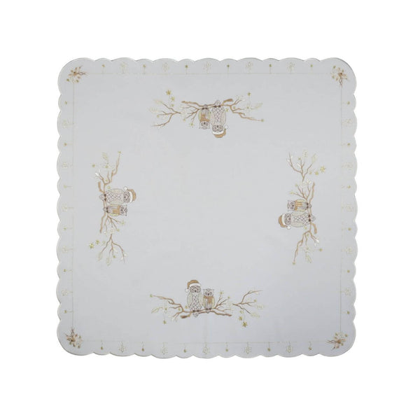 Champagne-colored square tablecloth with four pairs of embroidered owls, white flowers, and golden stars, 33.5x33.5 inches (85x85 cm), made in Germany.