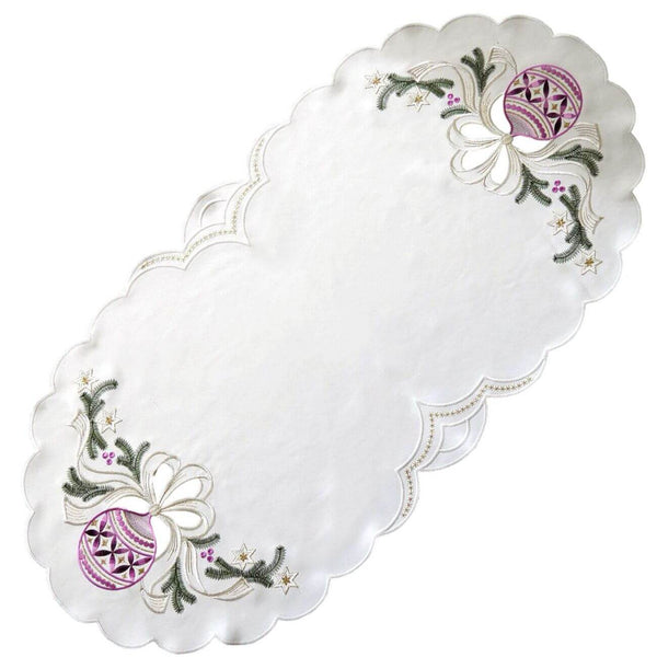 Oval linen runner with purple ombre ornaments, pine branches, golden stars, and elegant cutout designs. 16.9x33.9 inches (43x86 cm), made in Germany.